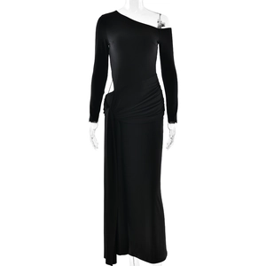 Elegantes schwarzes One-Shoulder-Langarmkleid mit Taillenraffung und Seitenschlitz