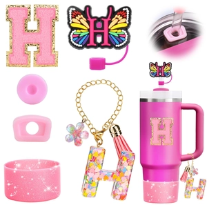 Hot pink Stanley cup accessory set with letter H charm butterfly straw cover and boot