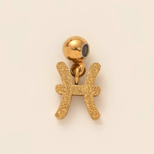 Macro detail of golden Pisces zodiac pendant with polished bead and glitter frost finish