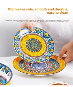 Detail showing microwave safe and dishwasher safe hand-painted bohemian ceramic plates