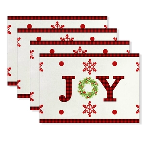 Set of 4 Christmas JOY table placemats with red plaid border and green holly wreath