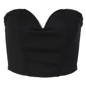 Slim fit black tube top with deep V-neck and silver rhinestone bead trim on a white background