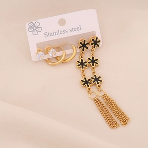 Drei-Paar-Ohrring-Set aus Gold-Edelstahl mit Herz-, Blumen- und Kristallsteckern