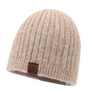 Beige ribbed knit beanie with snowflake leather patch for outdoor winter warmth
