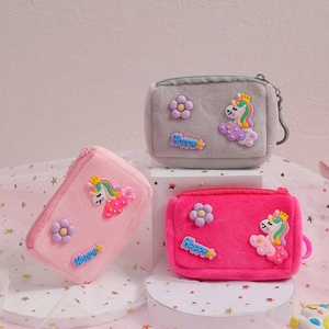 Three-piece set of unicorn plush coin purses in pink and grey for children's storage