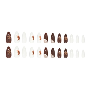 Lot de 24 faux ongles amande motif feuilles d'érable avec perles et paillettes diamant
