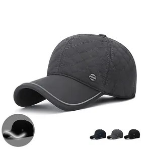 Winter Quilted Baseball Cap With Ear Flaps Fleece Lined Windproof Reflective Edge Metal Decor Adjustable Outdoor For Men