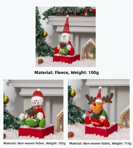 Detail of plush Christmas gnome ornaments including Santa and Reindeer on snowy decor