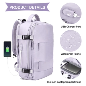 Detail view of purple waterproof travel backpack with USB port and 15.6 inch laptop pocket