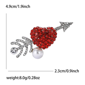 Sparkling silver alloy heart brooch with red rhinestones and white pearl accent