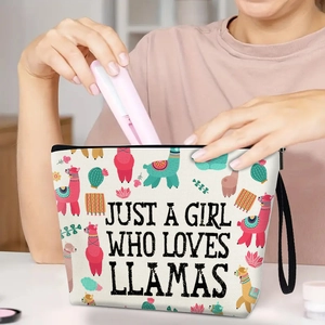 Llama print makeup bag featuring Just A Girl Who Loves Llamas slogan with handle