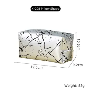Dimensions of silver marble makeup bag, 19.5x9.2x10.5cm, with gold zipper and PU leather