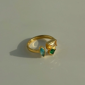 18k gold plated stainless steel open ring with colorful geometric zircons and gems