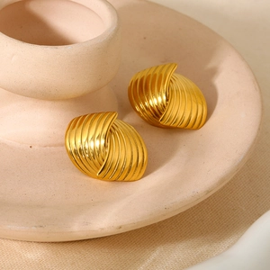18K gold plated geometric striped cross earrings with fan-shaped textured design