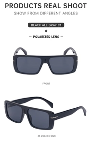 Détails des lunettes de soleil carrées polarisées noires avec charnières métalliques