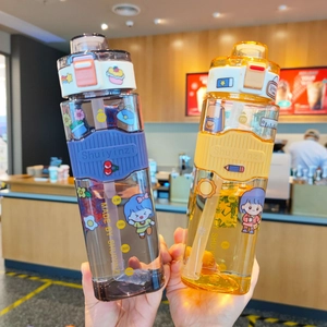 Square plastic water bottle with straw and cartoon stickers for outdoor fitness