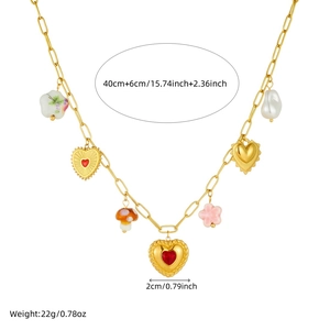 Gold stainless steel necklace featuring heart, flower, and mushroom enamel charms