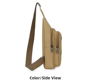 Side view of khaki canvas sling bag showing three zippered compartments on white background