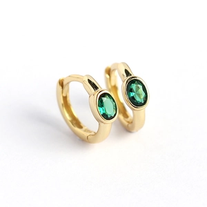 Minimalist gold S925 silver huggie earrings with oval green zircon inlays