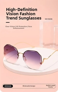 Detail view of purple gradient frameless sunglasses with geometric cut edges and gold metal legs