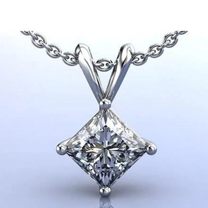 Detail of princess cut cubic zirconia necklace pendant with four-prong setting