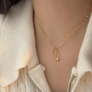 Minimalist 925 sterling silver gold safety pin necklace with heart and letter L pendant