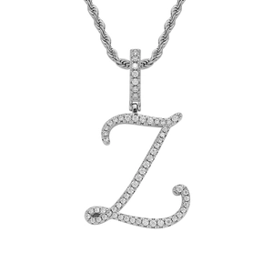 Detailed close-up of 18K white gold plated letter Z pendant with iced out pavé zircons