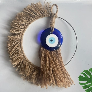 Boho Evil Eye Wall Hanging Jute Rope Hand Woven Moon Shape Nazar Amulet Home Bedroom Decor With Tassel Glass