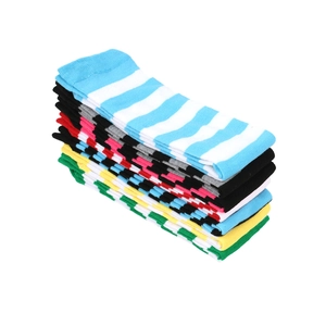 Stacked variety of colorful striped knee-high socks featuring ribbed cuffs and cotton texture