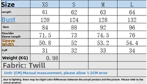 Detailed size chart for street style long sleeve jacket with precise measurements in CM