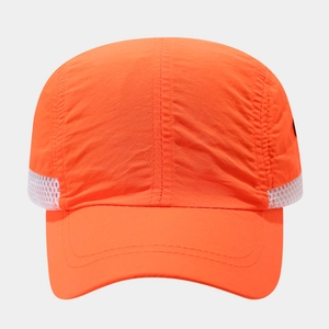 Detail of high-visibility orange sun hat with white honeycomb mesh for breathability