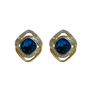 Vintage gold square stud earrings with blue crystal center and sparkling pavé border