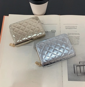 Elegant champagne gold and silver quilted credit card holder with metallic finish and zipper
