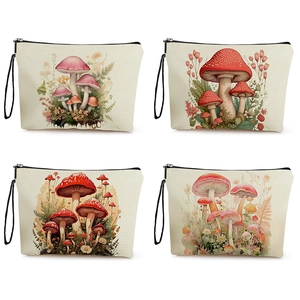 Mushroom Print Cosmetic Bag Fine Linen Toiletry Pouch With Zipper Wristlet Strap Portable Travel Makeup Organizer For Women
