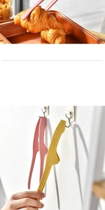 Detail showing easy to clean silicone food tongs with hanging hole for storage