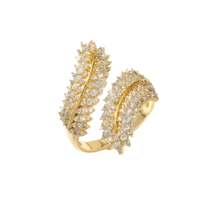Double feather open ring with 18K gold plating and pavé cubic zirconia accents