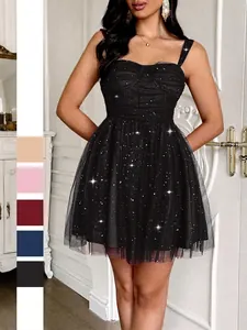 Women Spaghetti Strap Mesh Glitter Mini Dress Elegant Evening Party Sweetheart Neck Pleated Shimmer Cocktail Dress