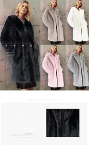 Detail view of thick faux fur texture and lapel design on long sleeve winter coat