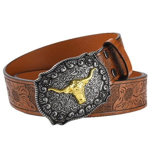 Western cowboy brown leather belt with embossed patterns and large bull head metal buckle
