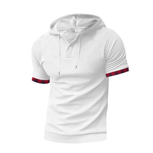 Men's white short sleeve hoodie with red plaid cuffs and button neckline detail