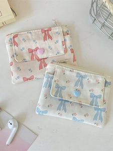 Porte-cartes minimaliste double couche et porte-monnaie floral en tissu rose et bleu