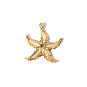 Detailed close-up of a gold starfish pendant with white mother-of-pearl inlay and textured edges