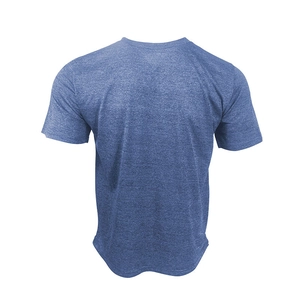 Rear view of a men's heather blue short sleeve sports T-shirt with breathable texture