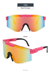 Detail view of pink splatter pattern on the temples of sports cycling sunglasses