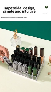 Detail of 24-slot acrylic lipstick organizer with tiered design and transparent finish
