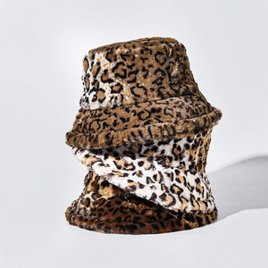 Leopard Print Faux Fur Bucket Hat Winter Warm Plush Outdoor Retro Fashion Accessories For Women