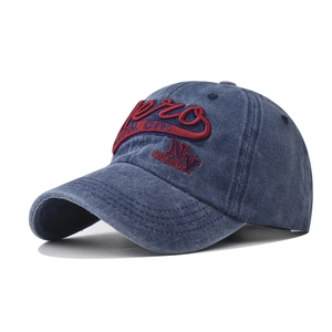 Vintage washed navy cotton baseball cap with red Aero 3D embroidery and distressed finish