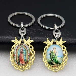 Religious Catholic Saint Keychain Alloy Metal Glass Oval Pendant Lady Of Guadalupe St Jude Sacred Heart Jesus Vintage