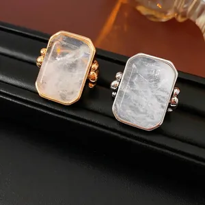 Rectangular Stone Alloy Ring Retro Minimalist Large Square Gemstone Fashion Finger Jewelry For Women Gold Silver Plated