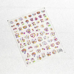 Adhesive cartoon bear nail stickers with colorful hearts and embroidery style patterns